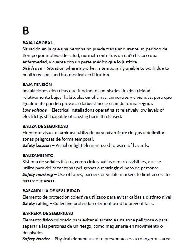 ejemplo de Glosario de Términos de Prevención de Riesgos Laborales: Edición Español - Inglés