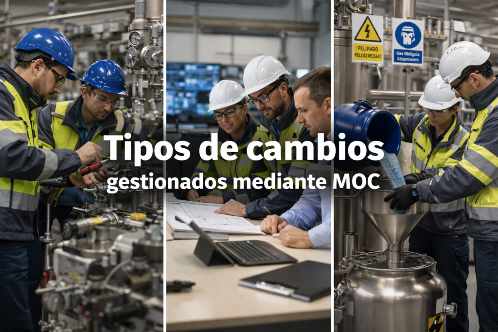 Tipos de cambios gestionados mediante MOC en prevención de riesgos laborales, con modificaciones técnicas, organizativas y de procesos industriales controladas mediante Management of Change