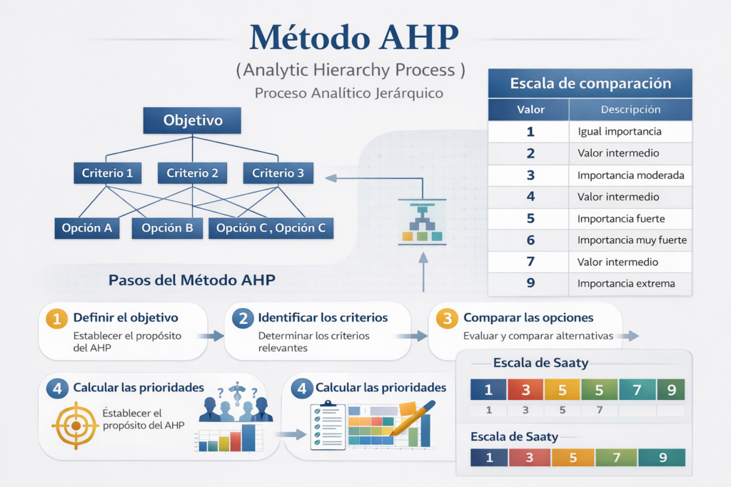 El Proceso de Jerarquía Analítica (AHP), desarrollado por Thomas Saaty en los años 70, es un método estructurado para organizar y analizar decisiones complejas basadas en matemáticas y psicología