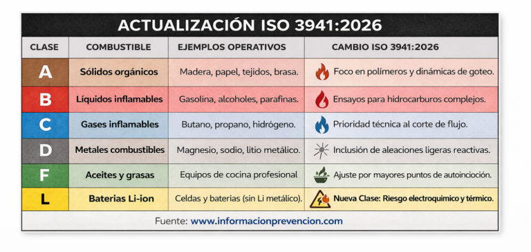 ISO 3941:2026: Nueva Clasificación de Incendios con Clase L para Baterías de Litio y Nuevos Riesgos. La norma ISO 3941:2026 representa una actualización fundamental en la seguridad contra incendios al introducir oficialmente la Clase L, una nueva categoría diseñada específicamente para fuegos que involucran baterías de iones de litio