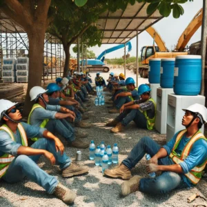 Trabajadores descansando a la sombra con agua potable disponible