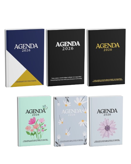 AGENDA 2026 PRL con temática sobre seguridad laboral, incluye 53 frases de seguridad laboral, objetivos smart, blog de notas, y muchas portadas para elegir