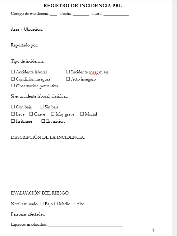cuaderno de incidencias PRL : Medidas preventivas
