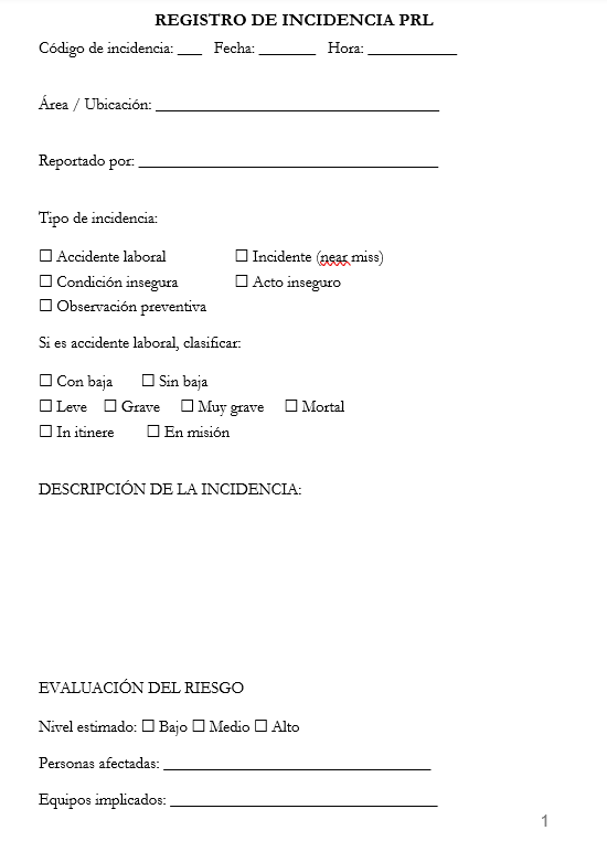 cuaderno de incidencias PRL: incidencias
